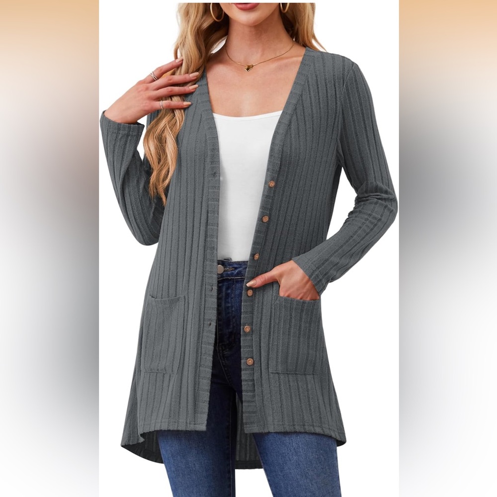 NWT 🖤 OVERSIZED LONG GRAY LIGHTWEIGHT KNIT CARDIGAN SWEATER Women’s XL 20/22 - Picture 2 of 11